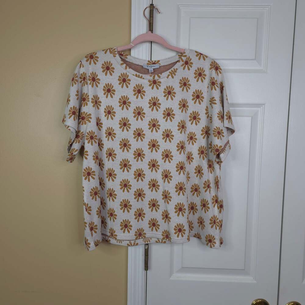 Polagram "Floral Sunshine" Retro Flower Print Short Sleeve Blouse Size 1XL